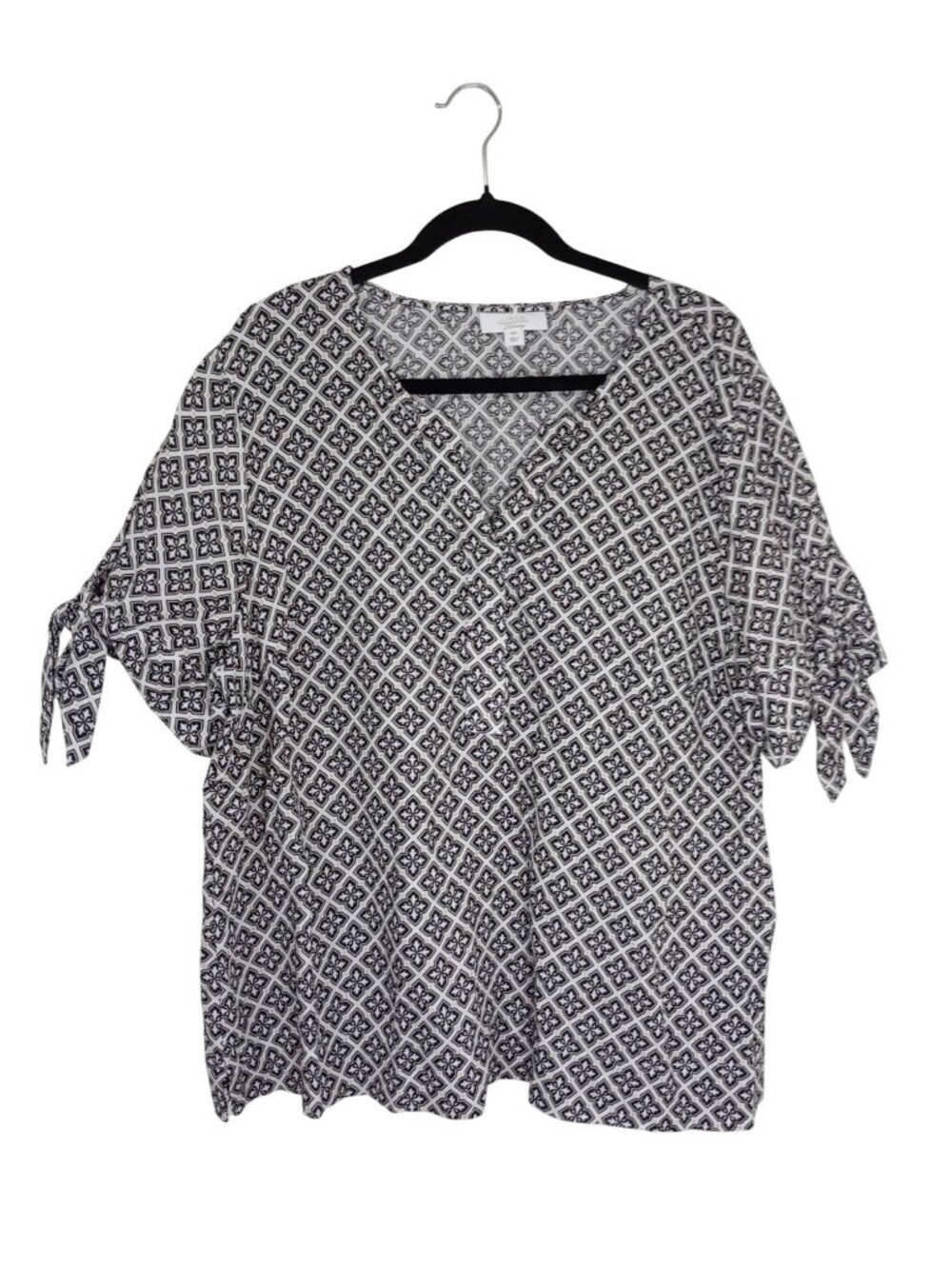 Charter Club XXL Womens 100% Linen Blouse Black & White Floral Geometric Print